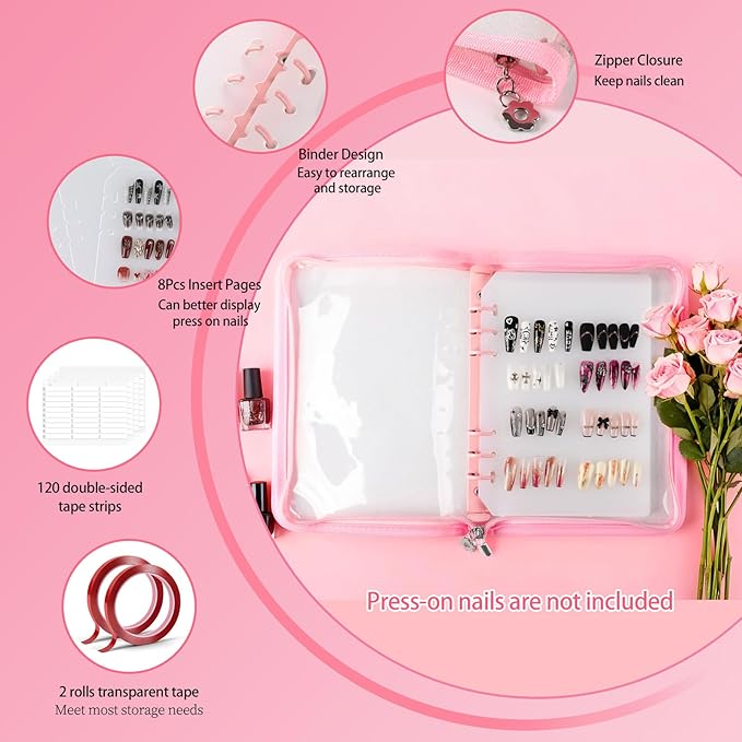 Press on Nail Organizer Binder Book, 8 A5-Sized Insert Pages & Double Sized Tape, Press on Nails Display Storage Book, Reusable Fake Nail Swatch Collecting Book (Pink)