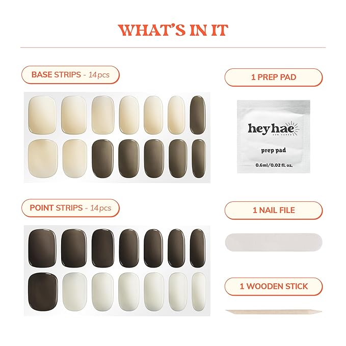 Heyhae Semi Cured Gel Nail Strips | No LED Lamp Needed | Solid, Neutral | Easy Apply & Remove, Salon Quality | Includes 28 Strips, 1 Prep Pads, Nail File & Wooden stick - Hey, Spill the Tea