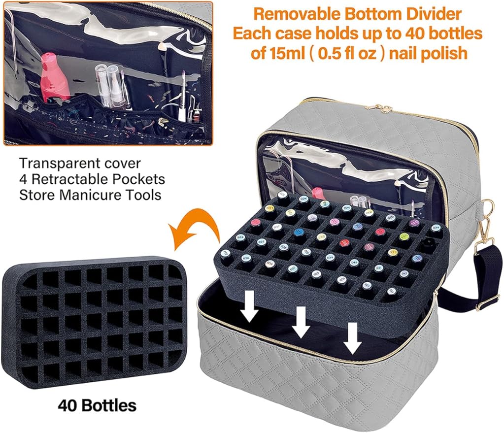 Nail Polish Organizer Case Holds 40 Bottles(15ml/0.5fl.oz) and Nail Lamp, Double Layer Nail Polish Storage with Adjustable Dividers,Portable Carrying Bag for Nail Kit, Manicure Tools Grey