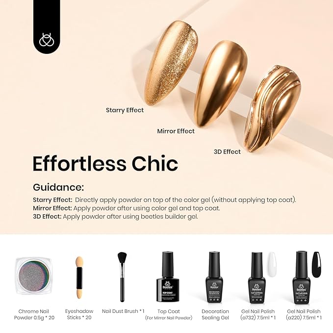 Beetles 20 Colors Metallic Chrome Nail Powder Kit 24Pcs Pearl Chrome Nails Powder Glitter Gold Silver Mirror Nail Art with Base Top Coat & Decoration Sealing Black Gel Nails Polish Gifts for Women