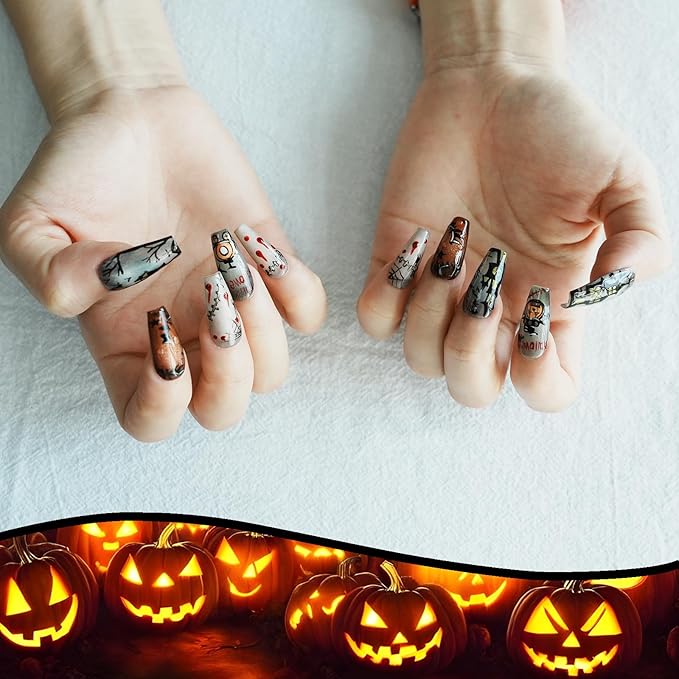 Handmade Press on Nails Long Coffin - Cartoon Story with Holiday Design for Parties, Halloween (Halloween House Story,M)