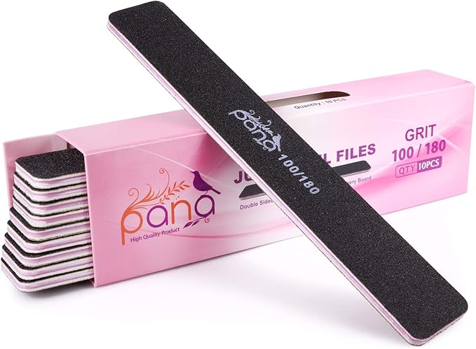 10pcs - PANA Jumbo Double-Sided Emery Nail File for Manicure, Pedicure, Natural, and Acrylic Nails - Black (Grit 100/180)