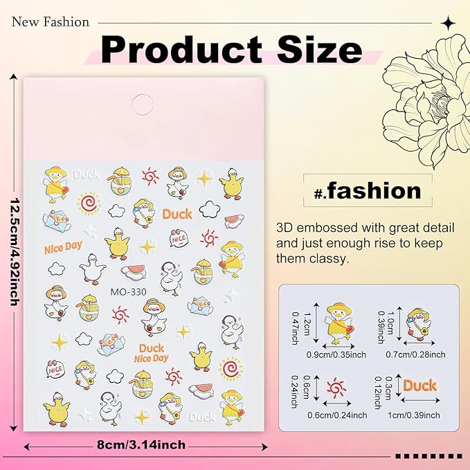 3 Sheets Duck Nail Stickers for Nail Art Cute Duck Designs 3D Self Adhesive Nail Decals for Women DIY Manicure Decoration YX1233