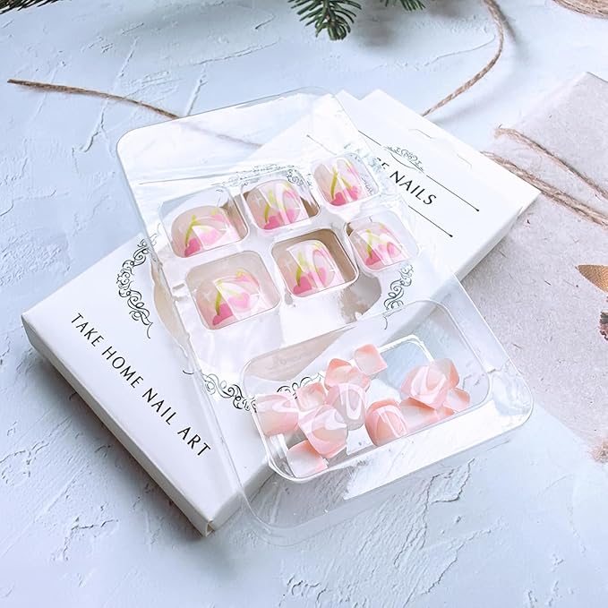 24 Pcs Valentines Day Press On Heart Pink French Tip False Toenails Full Cover Glue On Nails for Women Girl Nail Design Decoration