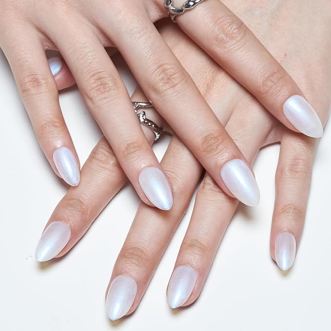 GLAMERMAID Pure White Pearl Press On Nails Short Almond, Glazed Donut Handmade Soft Jelly Gel Fake Nails, Glossy Neutral Round Oval Stick Glue on Nails Kit for Women, Reusable Acrylic False Nail Set