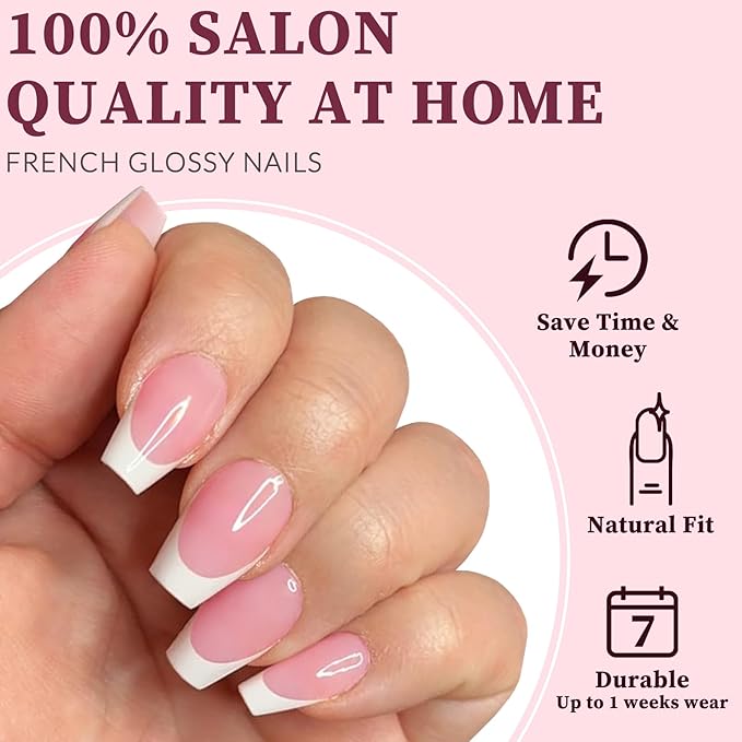 240PC White French Tip Press on Nails Short Fake Nails Press ons with 5*Adhesive Tabs, Pink Coffin Acrylic Nail Press on Nail French Tip Nails False Artificial Fingernails Stick on Nails-B