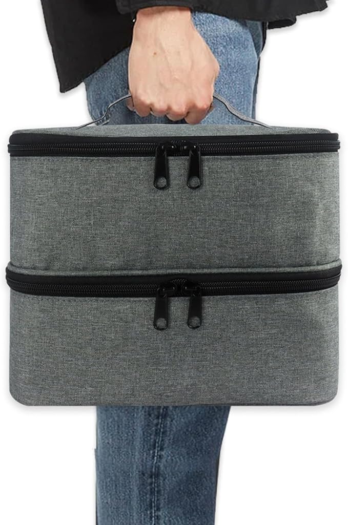 Meichoon Carrying Case Organizer 2 Layers Storage Holder Case with Adjustable Bottle Compartment 30 Bottles of Gel lamp and Manicure Tools Large Makeup Bag Travel with Removable Divider Gray