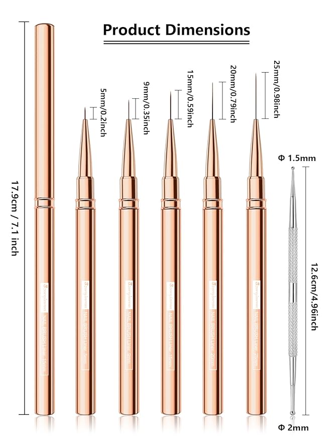 Nail Liner Brush, Fine Line Nail art Brushes 5/9/15/20/25mm Thin Line Nail Brushes Detail Drawing, Liner Brush for Nails Gel (Rose Gold)