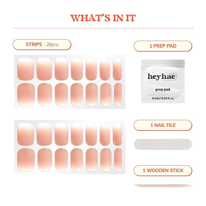 Heyhae Semi Cured Gel Nail Strips | No LED Lamp Needed | Ombre, Pink, Spring | Easy Apply & Remove, Salon Quality | Includes 28 Strips, 1 Prep Pads, Nail File & Wooden stick - Hey, You Off Today?