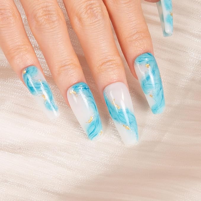 LOVFUL Press on Nails Blue Bay Wave French Tip | Handmade with Full Covered Crystals | Reusable Full Cover Nails | Coffin Classic Regular 1.3 in | H63-S
