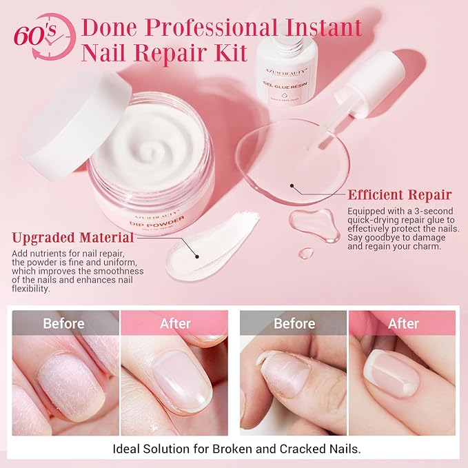 AZUREBEAUTY Nail Repair Kit Transparent Crystal for Broken Cracked Split Weak Nails, Ideal Solution Emergency Easy Quick Fix Dip Powder 28 g 1 Oz Quick-Drying Repair Glue 10 ml Nail File Nail Buffer