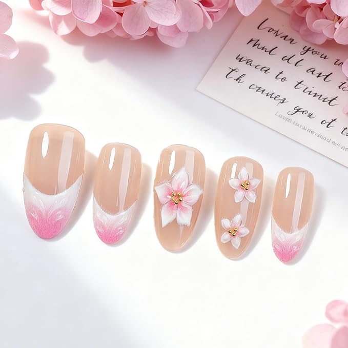 Almond Press on Nails Medium Fake Nails Pink Artificial Nail Flowers Cute Stick on Nail for Women 24pcs