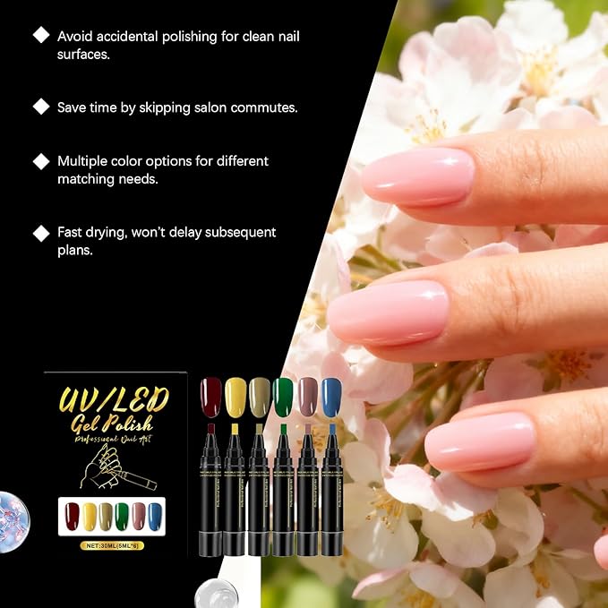 Nail Polish Pens Set 6 Pcs Gel Nail Polish Pens Set Long Lasting Portable Fingernail Toenail Gel Pen (04)