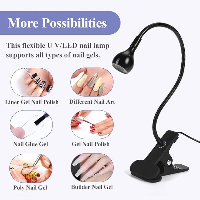 SAVILAND UV Nail Lamp: Gooseneck LED Nail Flash Cure Lamp for Nails lampara uv/led para uñas de gel with Securing Clip LED Flash Cure Light Manicure Home DIY UV Light for Gel Polish Nail Lamp