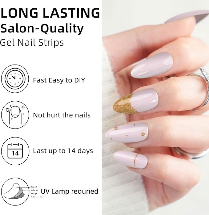 Semi Cured Gel Nail Strips,28 pcs French Gilded Gel Nail Stickers with UV Light Required,Long Lasting Nail Art Stickers, Easy to Apply（Pearl Pink）