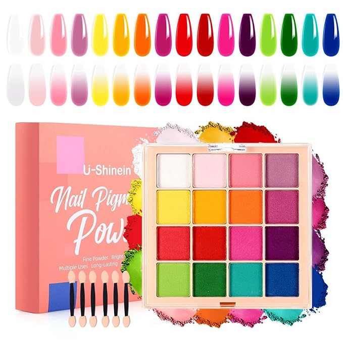 Nail Pigment Powder Palette Set, 16 Colors Ombre Nail Powder Palette French Aura Nails Ombre Nail Brush Nail Long-lasting Manicure Art DIY Accessories (06)
