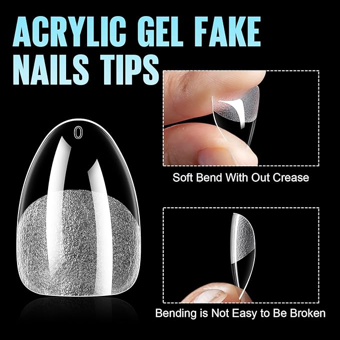 TOMICCA Extra Short Almond Nail Tips 192Pcs 12 Sizes - Clear Gel Short Fake Nails for Acrylic Nails & Press On Nails, Home DIY and Wedding Salon for Nails Extensions (Beginner & Professional)