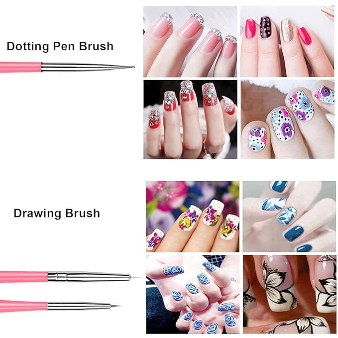 AIBEE 20pcs Nail Art Design Tools, 15pcs Brushes Kit with 5pcs Dotting Pens, PINK