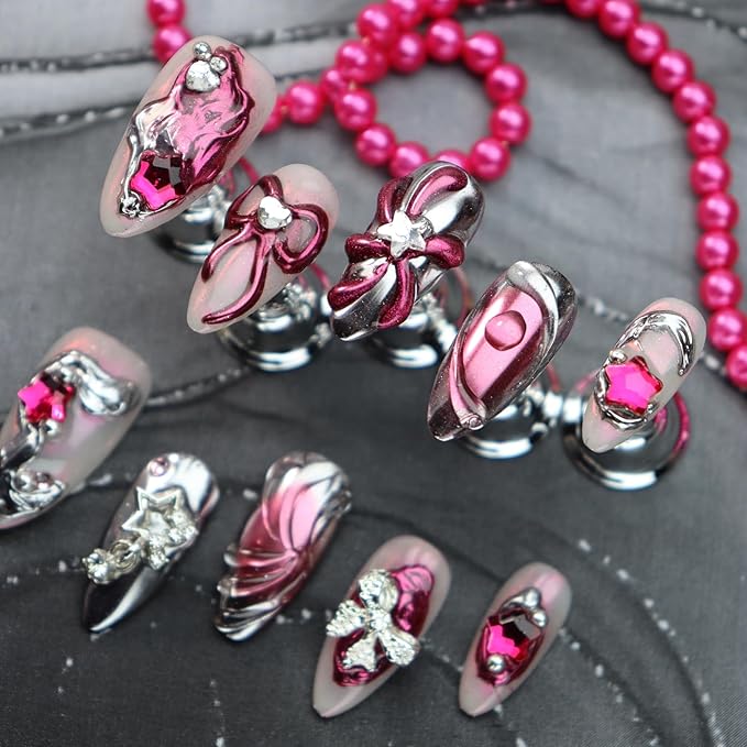 Silver Chrome Press on Nails Bow Fake Nails Star Glue on Nails Pure Hand-Painted Nail Liquid State with Design Pink Ombre Stick on Nail Medium Almond False Nail for Women Girls Exquisite Manicure (S)
