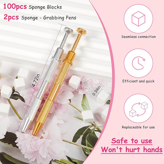 100pcs White Cube Nail Sponges for Ombre, 2pcs Gold and Silver Metal Clip Pens for Grabbing Nail Art Sponge Ombre Nail Brush for Nail Art
