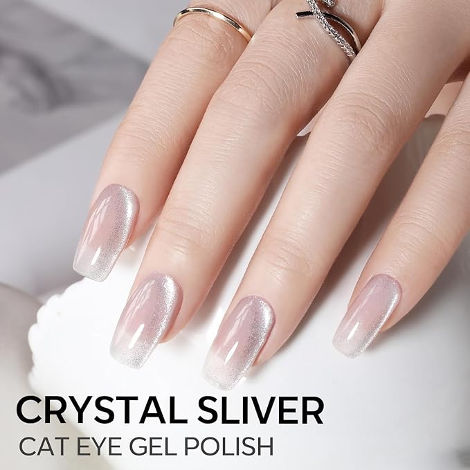 modelones Heart Cat Eye Gel Nail Polish, 2 PCS 15ML Pink Sliver Holographic 9D Cat Eye Glitter Multichrome Silver Pink Shades Polish with Magnet Soak Off Led Nail Art Gel DIY Salon Gift