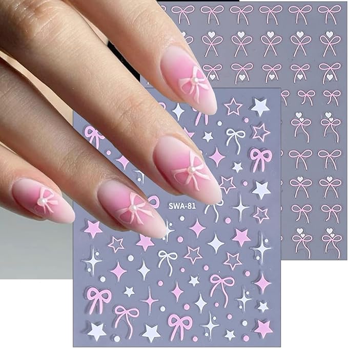 6Sheets Star Bow Nail Stickers 3D Self Adhesive Black White Pink Bows Heart Nail Decals Lace French Tip Nails Art Stickers Cute Bow Charms Sticker Star Nails Design Supplies for Women Girls Manicure