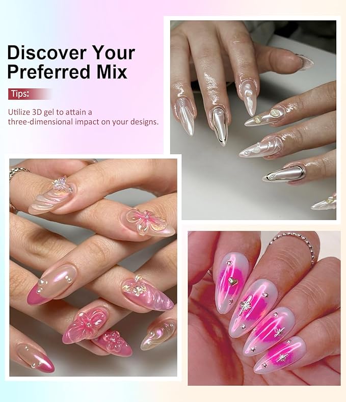 Clear 3D Nail Gel BISHENGYF: Super Shiny Pink White Clear Chrome Nail Powder 15g No Wipe 3D Sculpting Gel for Nail Art Non-Sticky Hand Hard Gel with Chrome Powder for Nails Art Home DIY