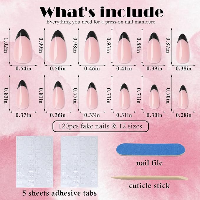 AddFavor French Tip Press on Nails Medium Almond Fake Nails, 120pcs Black French Tips Nails Glossy Nude Almond Nails Press ons Artificial False Nail with Adhesive Tab for Women Girls