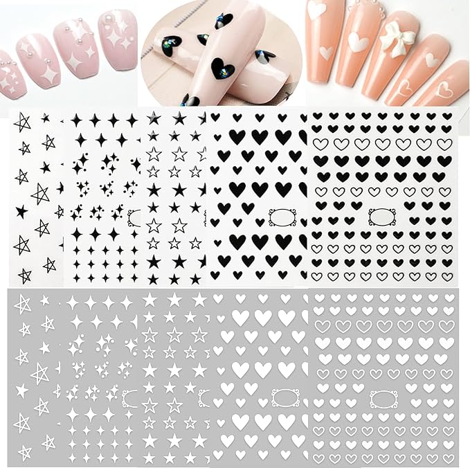Black and White Hearts Stars Nail Stickers for Women Girls Kids Nail Decoration Self Adhesive Nail Art Decals for Natural Fingernails and Acrylic Nails Designs (Pack of 10)