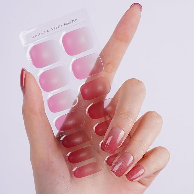 DANNI & TONI Semi Cured Gel Nail Strips Red Ombre Clear (Gloss Crush) Cat Eye Gel Nail Wraps 28 Stickers