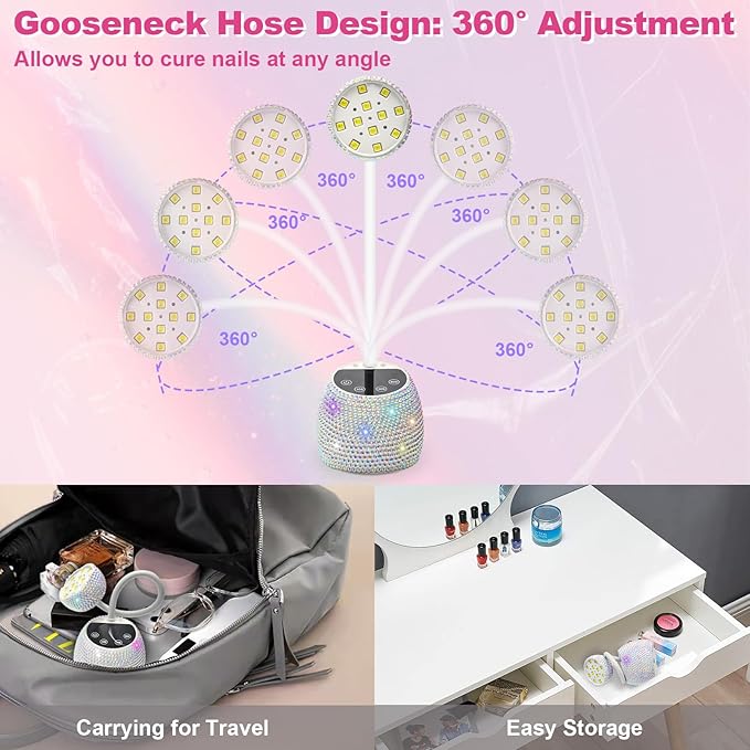 CGBE UV LED Nail Lamp, 36W Mini Cordless Flash Cure Lamp, USB Rechargeable Goosenecks LED Nail Light with 4 Timers & Auto Sensor for Salon Home DIY Use, White Diamond