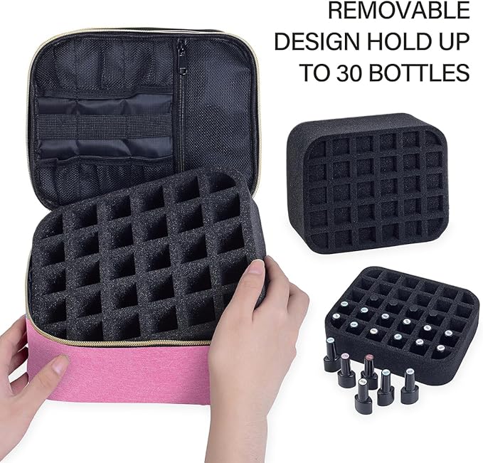 Nail Polish Organizer, Handheld Double Layer Nail Polish Storage with Adjustable Dividers, Holds 30 Bottles (15ml/0.5 fl.oz) for Nail Polish Lamp Manicure Tools and Essential Oil, Wine
