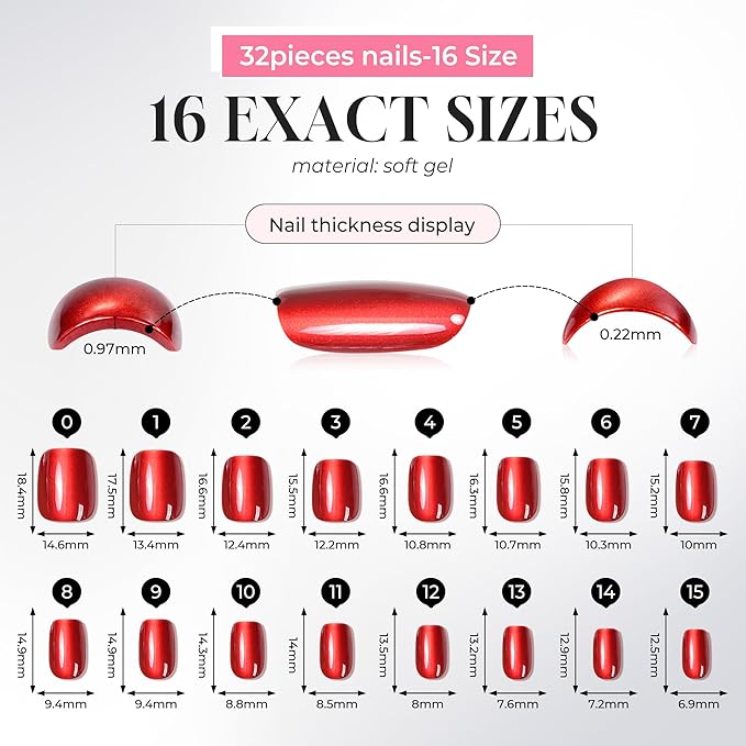 UNA GELLA 32Pcs Soft Gel Press on Nails - 16 Sizes Red Cat Eye Short Square Glue on Nails, Reusable Glitter Velvet Red False Nails, Full Cover Acrylic Nail Kit for Women DIY Home Manicure