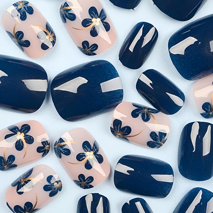 Blue Flower Fake Nails Short Press on Nails Square False Nails Blue Nails Press Ons Glossy Full Cover Glue on Nail DIY Acrylic Stick on Nail for Women and Girls Decorations Set 24Pcs