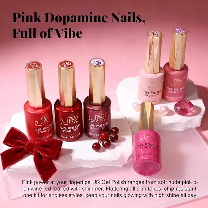 JR Pink Gel Nail Polish Set, 16ml Full Size Bottle 6 Colors Pink 9D Cateye Glitter Nail Gel Polish Gift Soak Off Led Nail Art Kit Salon DIY Colorful Bottle E