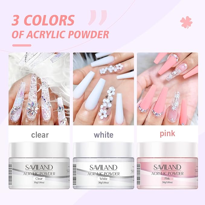 SAVILAND Acrylic Nail Kit: Big Capacity Acrylic Liquid 120ml and 30g Clear Pink White Powder Set with 5 Sizes Brushes for Beginner Nail Kit for Full Professional Nail Art Designs Home DIY Salon Gift