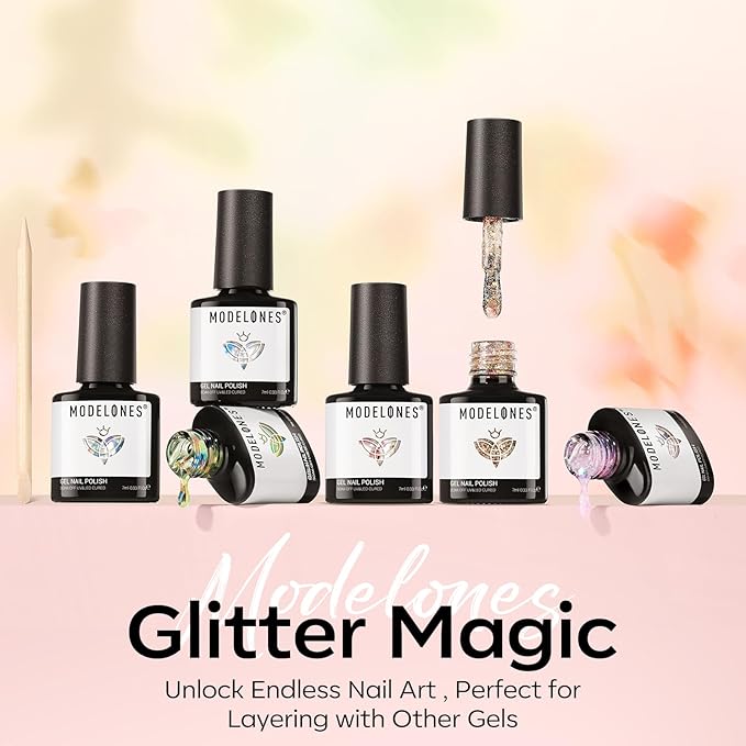 modelones Gel Nail Polish Set, 6 Colors Dried Flower Laser Butterfly Blue Pink Star Shape Ornament Glitter Gel Polish Collection with Wooden Stick All Seasons Soak Off LED Manicure DIY Gift