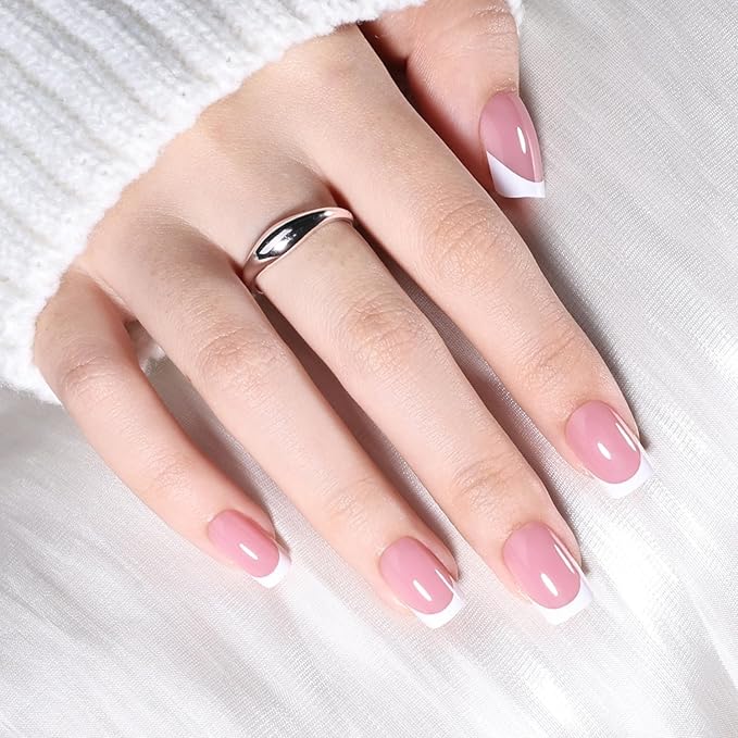 White French Tip Press On Nails - Pink Short Square Fake Nails, Square White Press On Nails Reusable Stick On Nails in 16 Sizes, 32pcs False Nail Kit for Women & Girls (Pink White French)