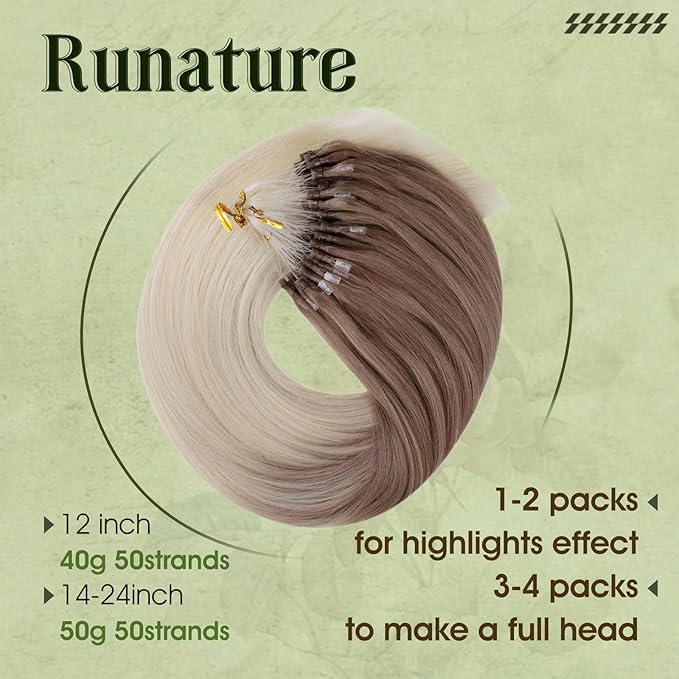 RUNATURE Light Brown Ombre Micro Link Hair Extensions Human Hair, 16 Inch 50G 50S, Remy Silky Straight Hair, Micro Bead Hair Extensions for Women Real Hair, Add Hair Volume, Heat Resistant