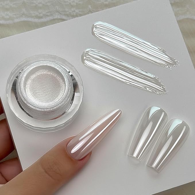 YOKEFELLOW GleamTap Cushion Magic White Chrome Nail Powder,Glazed Donut,Pearlescent Nail Chrome Powder,Nail Art Decoration for Home DIY Salon Manicure (GT211 Magic White ）