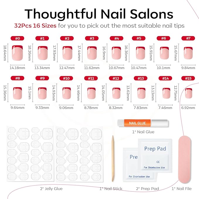 Modelones French Tip Press on Nails Short, Light Pink Square Fake Nails, Reusable Nail Kit with Nail Glue Adhesive Tabs Mini Nail File, Nails Press Ons 32Pcs 16Sizes, Red, Women Girl Gift
