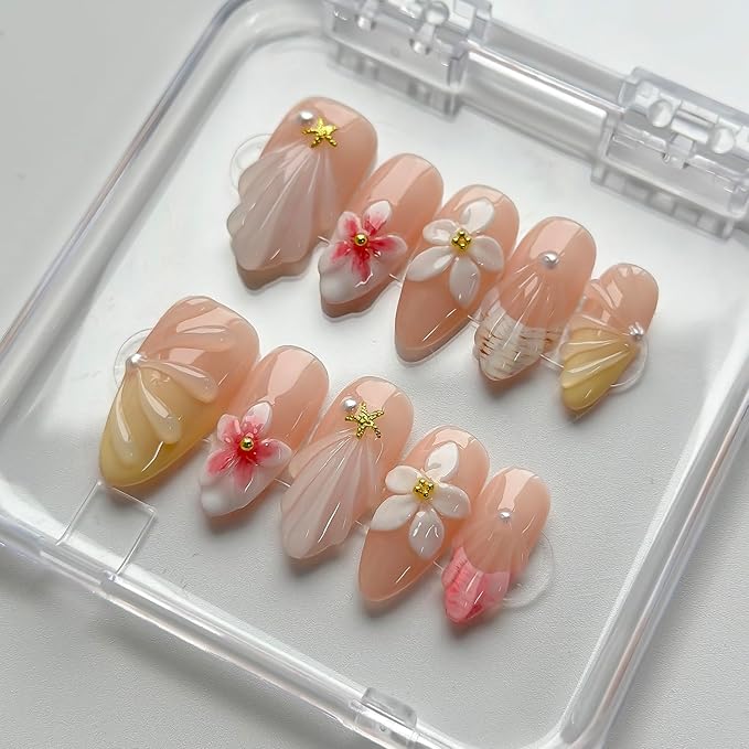 Luxury Press on Nails Medium Almond Handmade 3D Unique Reusable ABS Material Fake Nails French Tip False Nails with Designs Floral Pearls Summer Glossy Glue on Nail Thick Acrylic Nail(M)