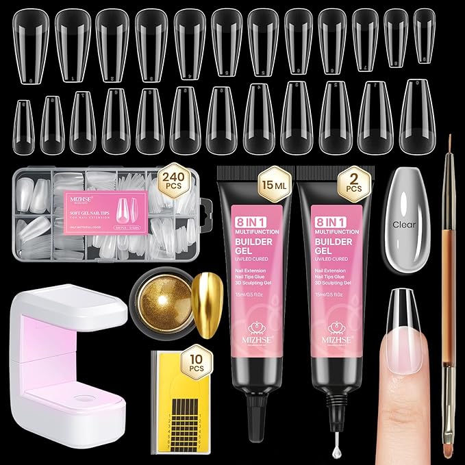 MIZHSE Gel Nail Kit, Fake Nails Long Coffin, 8-in-1 Builder Gel for Nails & Portable Mini U V Light, 240Pcs Half Matte Nail Tips for Nail Extension DIY Nail Salon for Women & Girls