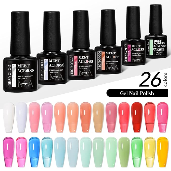 MEET ACROSS 30Pcs Jelly Gel Nail Polish Set Pastel Gel Polish Kit Pink Orange Green Semi-transparent Nail Polish Sheer Effect French Nail Art Gift for Women 26 Colors