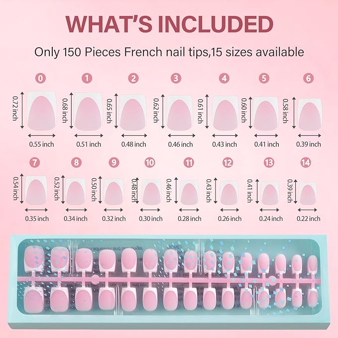Vansiho Deep French Gel Nail Tips, Pink 150Pcs Short Square Soft Gel Nail Tips, French Tips Press on Nails, Fake Nails for Nail Art DIY 15 Sizes