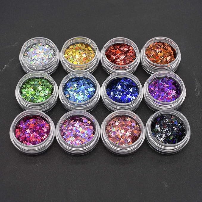 DIY 12pcs Color Set Nail Sequins Laser Star Shape Glitter Flakes Manicure Art Decoration Accessories Tools LB-Star