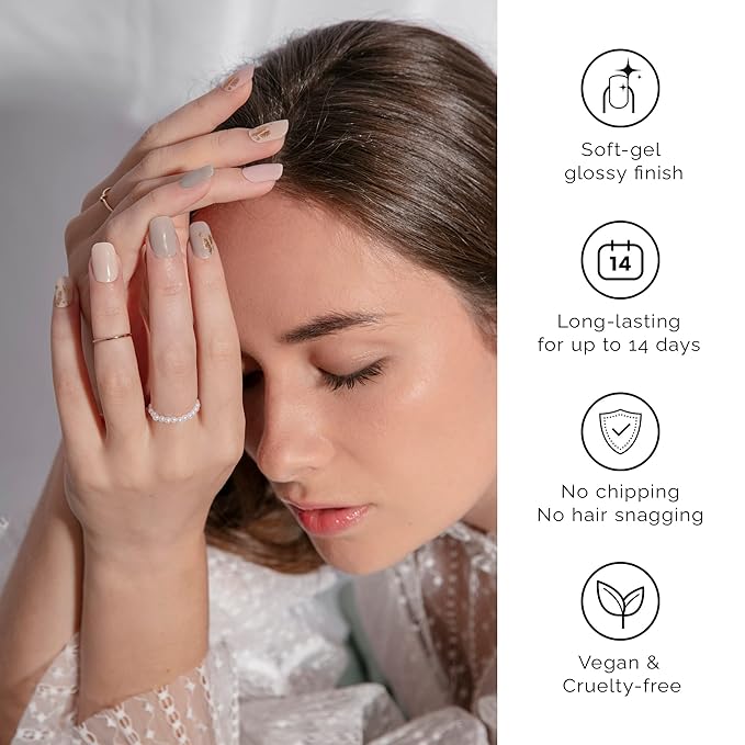 NAILOG Semi Cured Gel Nail Strips, 20Pcs Nude Color Goldleaf Long Lasting Gel Nail Stickers, Salon Quality Easy Apply & Remove Works with Any UV/LED Nail Lamps, Tea Time