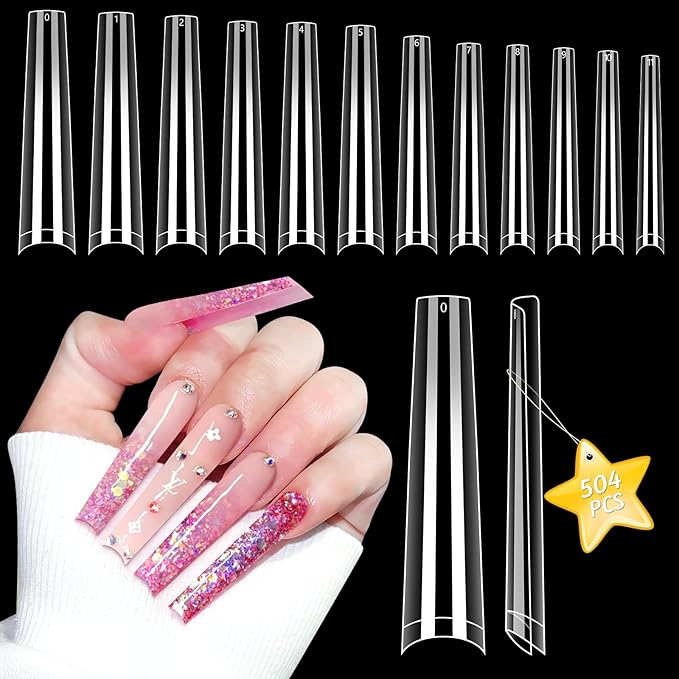 3XL NO C Curve Coffin Nail Tips for Acrylic Nails Professional, 504PCS Clear Extra Long Tapered Square Nail Tip, 12 Sizes Straight Press On Gel Nail Tips for Nail Salons Home DIY