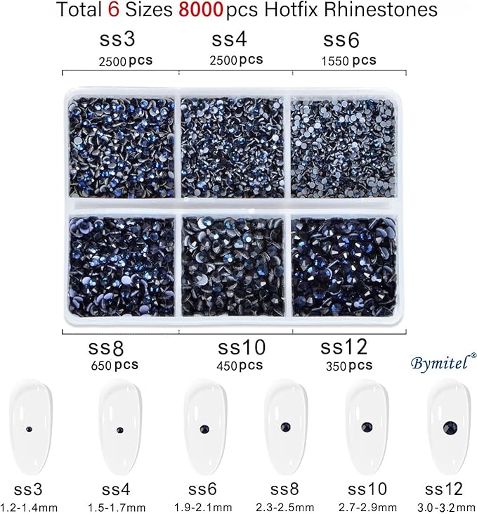 Bymitel Hotfix Crystal Rhinestones Round Gems for Crafts,Mixed 6 Sizes with Wax Pencil Kit, Montana1.3-3.2mm(SS3-SS12/8000pcs)