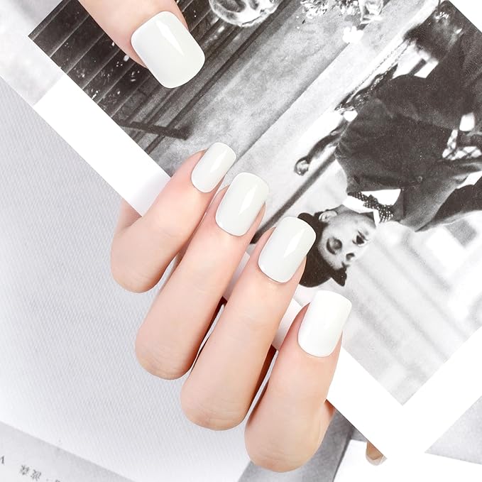 White Press On Nails Short Square - No Glue Natural Elegant Acrylic Fake Nail Design for Everyday or Wedding, Easy to Apply & Remove, 24 Nails in 12 Sizes with File